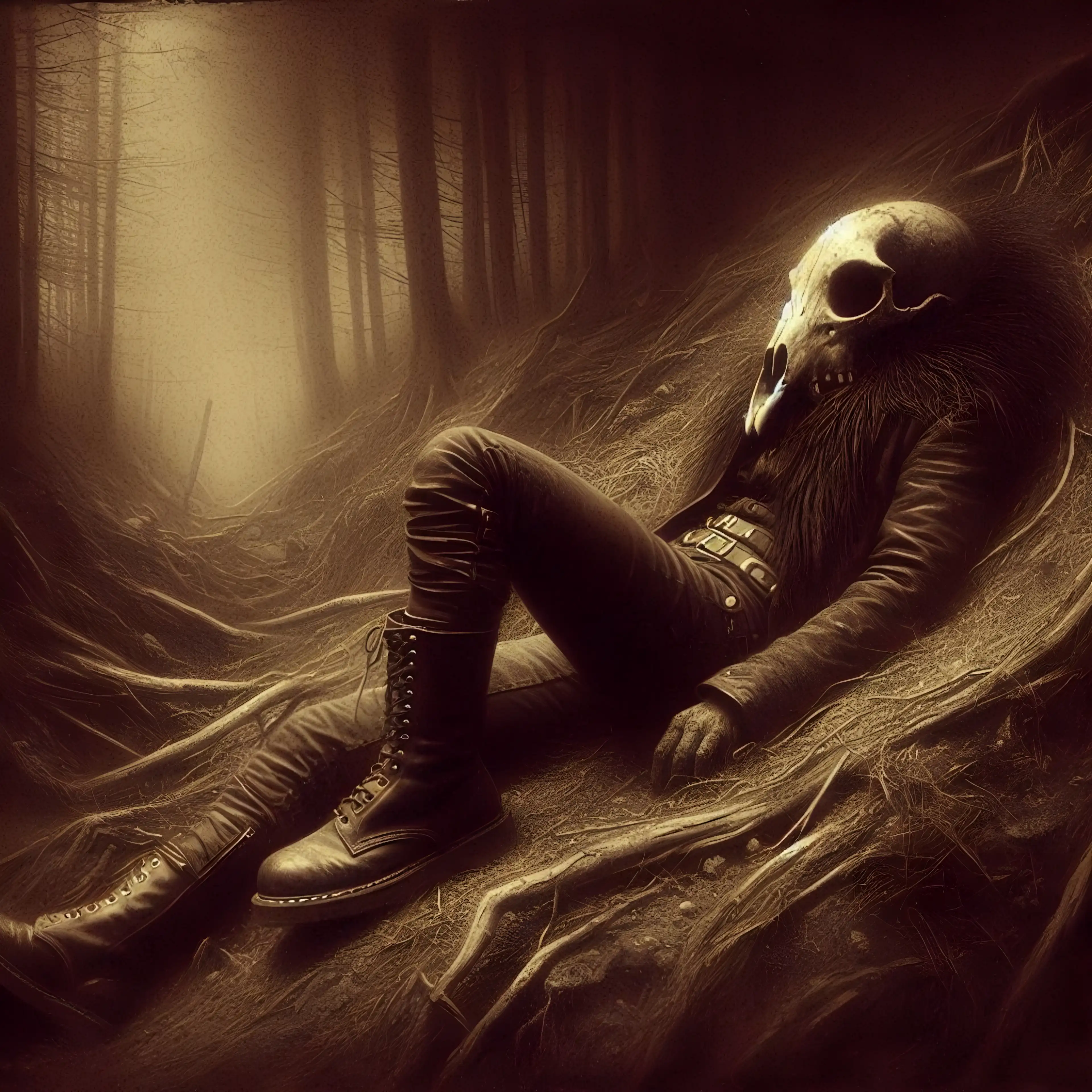 Disillusion album cover depicting The Creature adorned with a porcupine skull and a rock-star style outfit. It is lying in a foggy ravine, seemingly staring into the void.